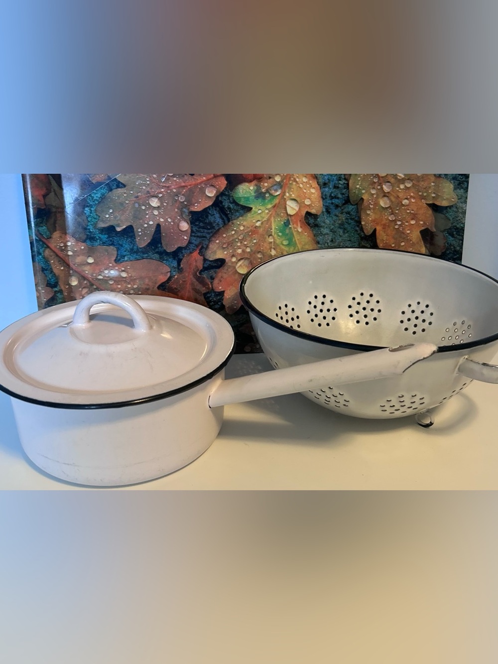 Vintage Farmhouse White Enamelware Set 
Pot with Lid & Matching Colander